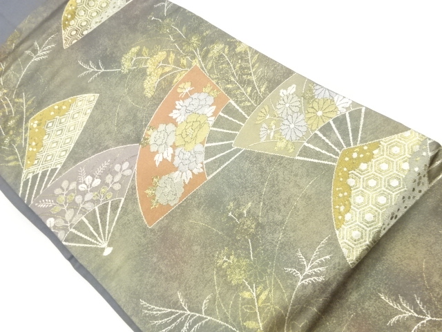 扇に花々・秋草模様織出し名古屋帯